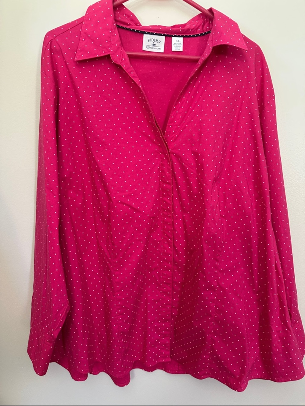 Riders by Lee Bright Pink with White Polka Dot Button-Down Shirt 4X EUC